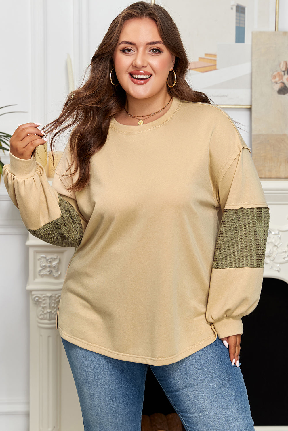 Laurel Green Exposed Seam Contrast Texture Patchwork Plus Size Drop-Shoulder Pullover