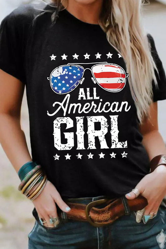 Black Stars and Stripes Glasses Slogan Graphic T-Shirt