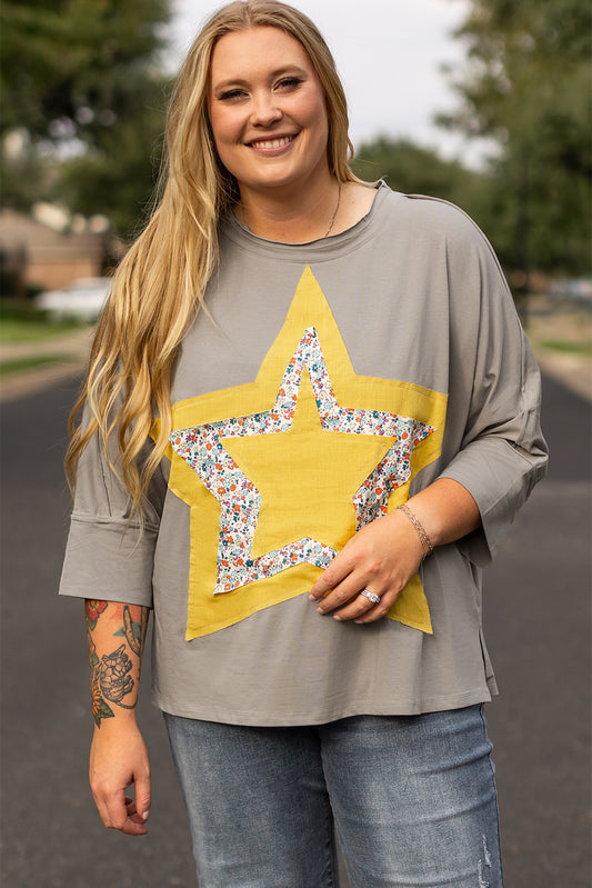 Medium Grey Floral Star Patched Pattern 3/4 Sleeve Top