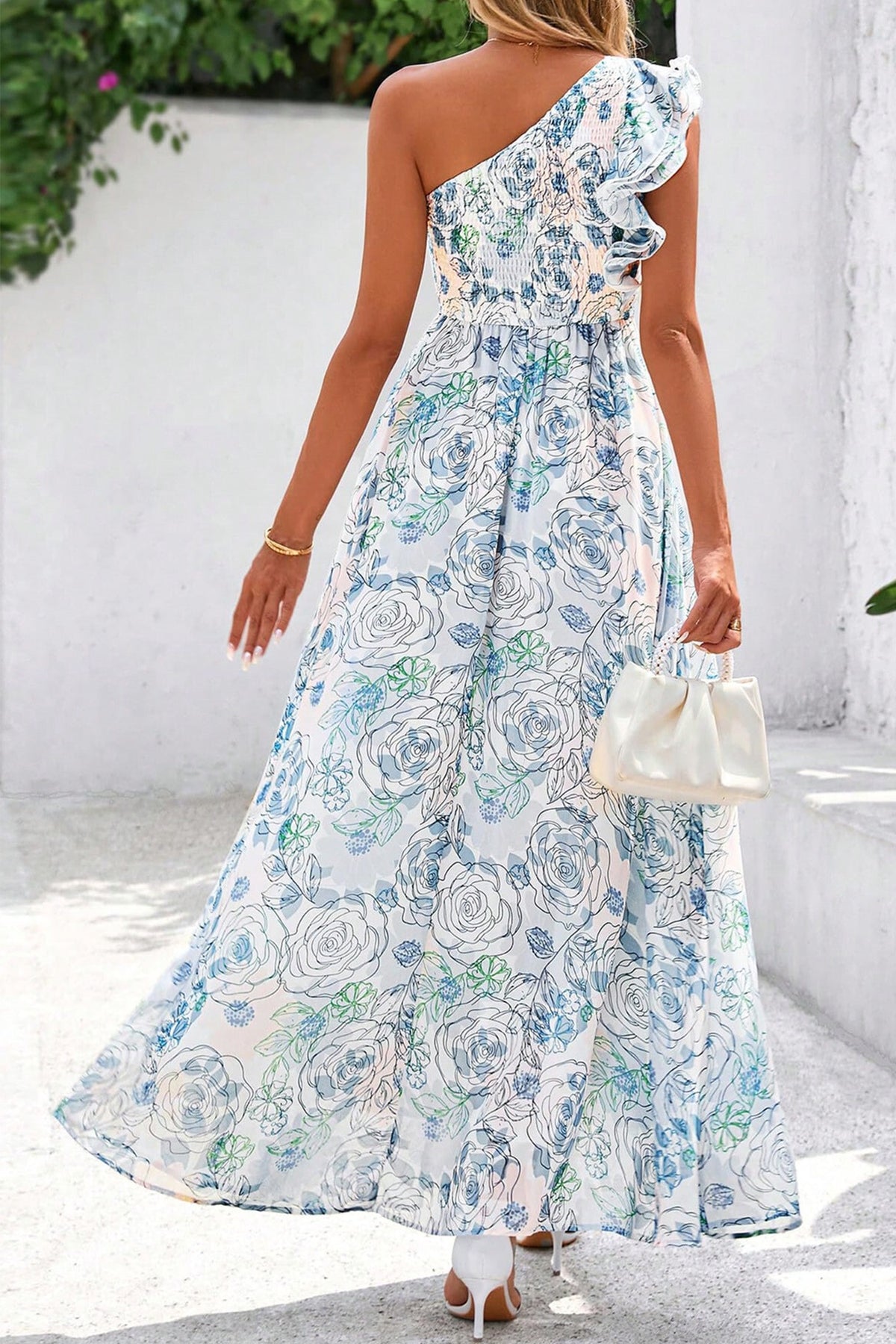 Blue Floral Ruffle One-Shoulder Maxi Dress