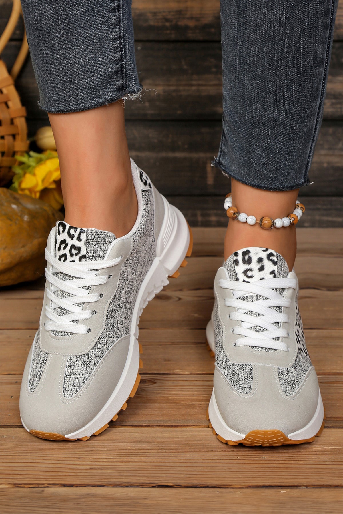 White Mix Texture Patchwork Leopard Lace-Up Sneakers
