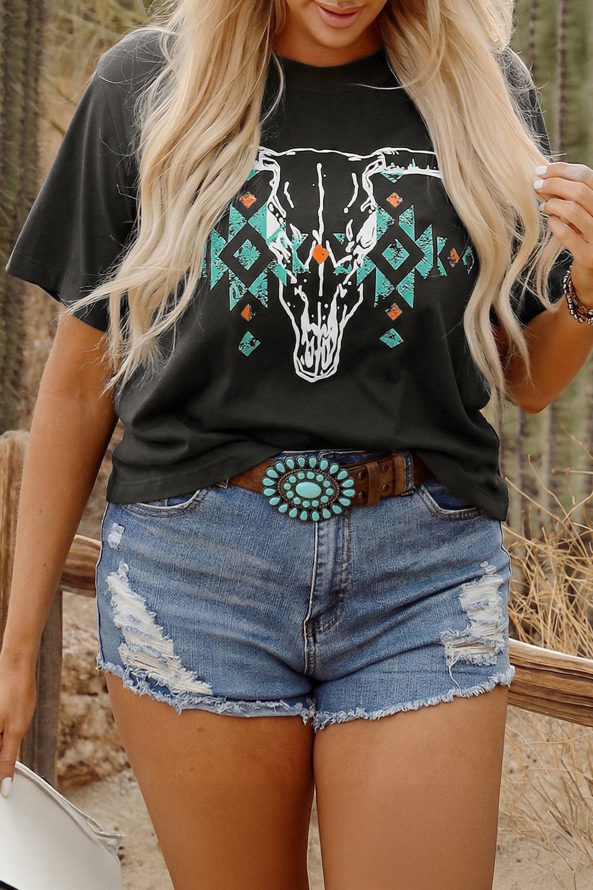 Carbon Grey Plus Size Western Aztec Bull Skull Printed T-Shirt