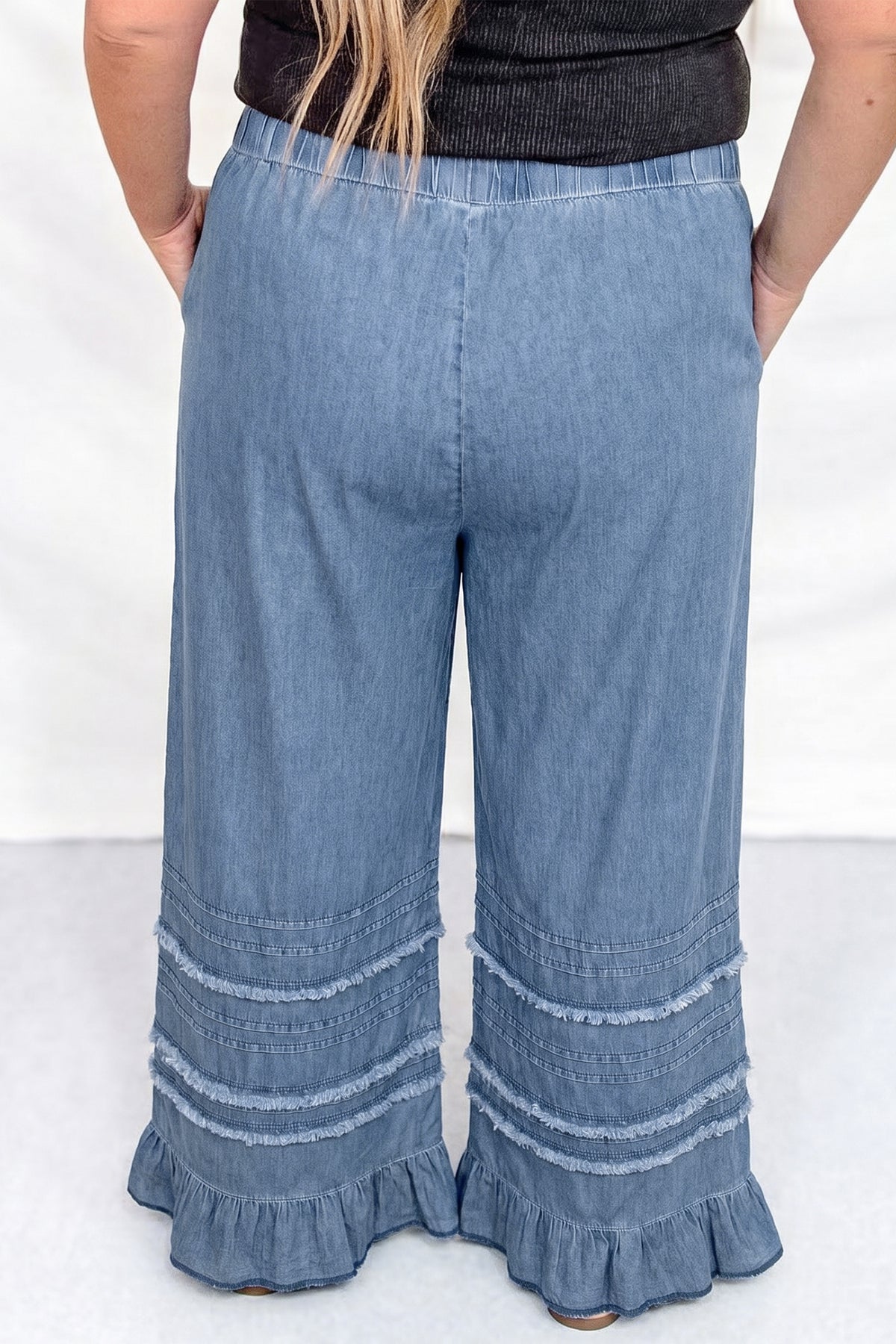 Dusk Blue Tiered Raw Edge Ruffled Plus Size Wide-Leg Denim Pants