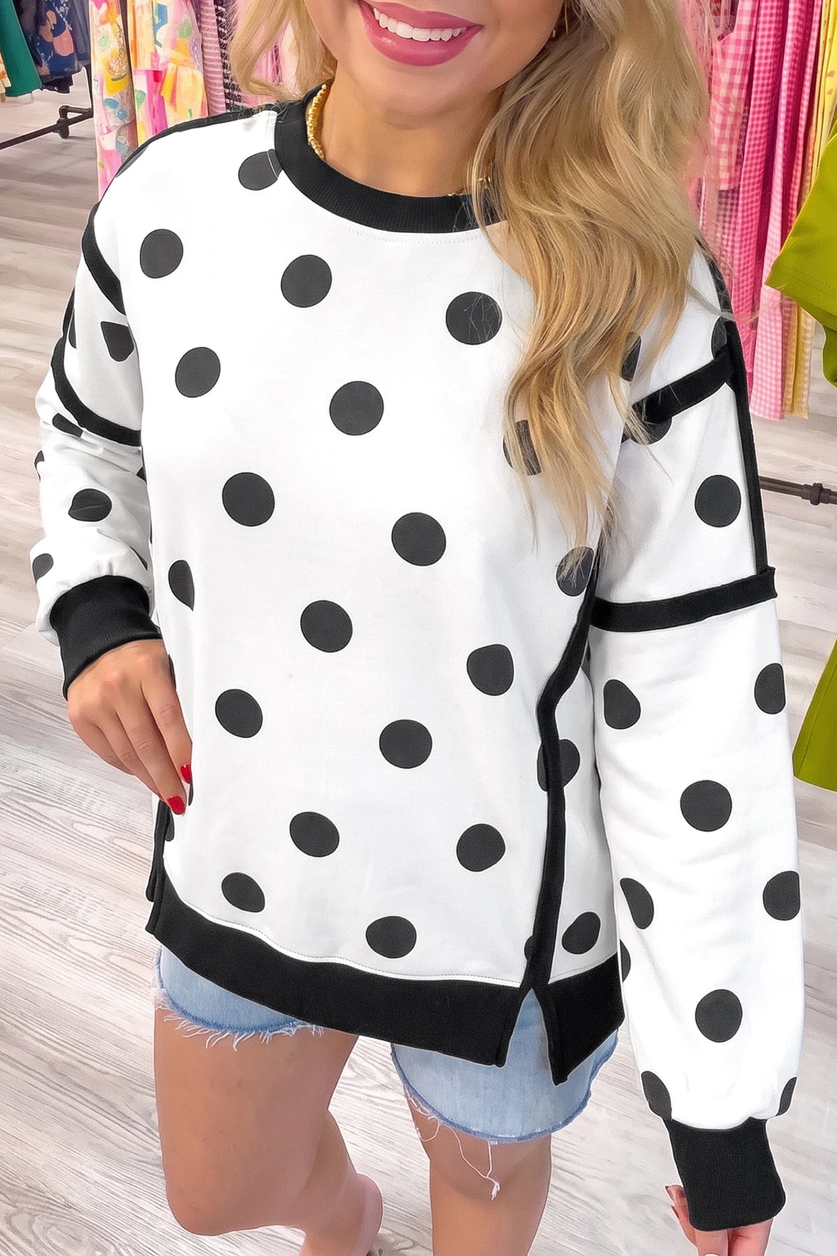 White Polka Dot Contrast Patchwork Round Neck Sweatshirt