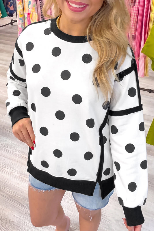 White Polka Dot Contrast Patchwork Round Neck Sweatshirt