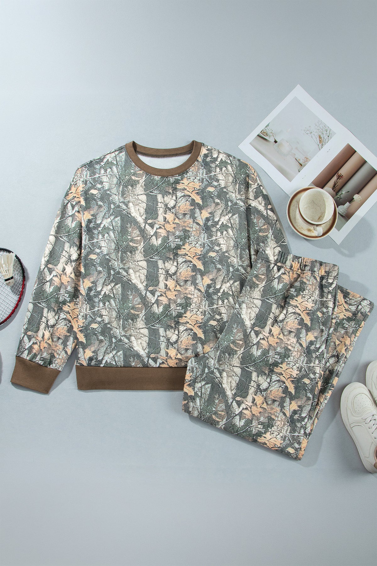 Brown Jungle Camouflage Print Ribbed Trim Long-Sleeve Top Plus Size Pant Set