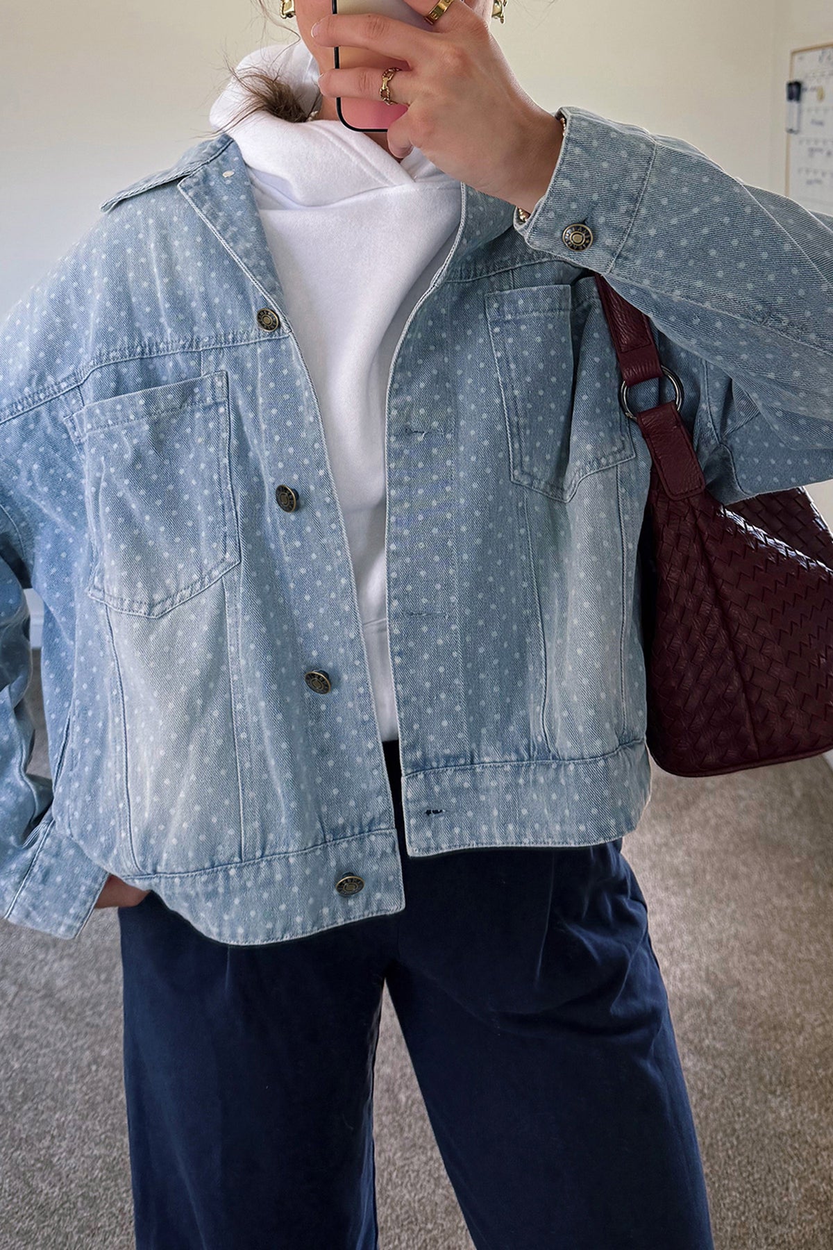 Sky Blue Polka Dot Long Sleeve Collar Pocket Denim Jacket