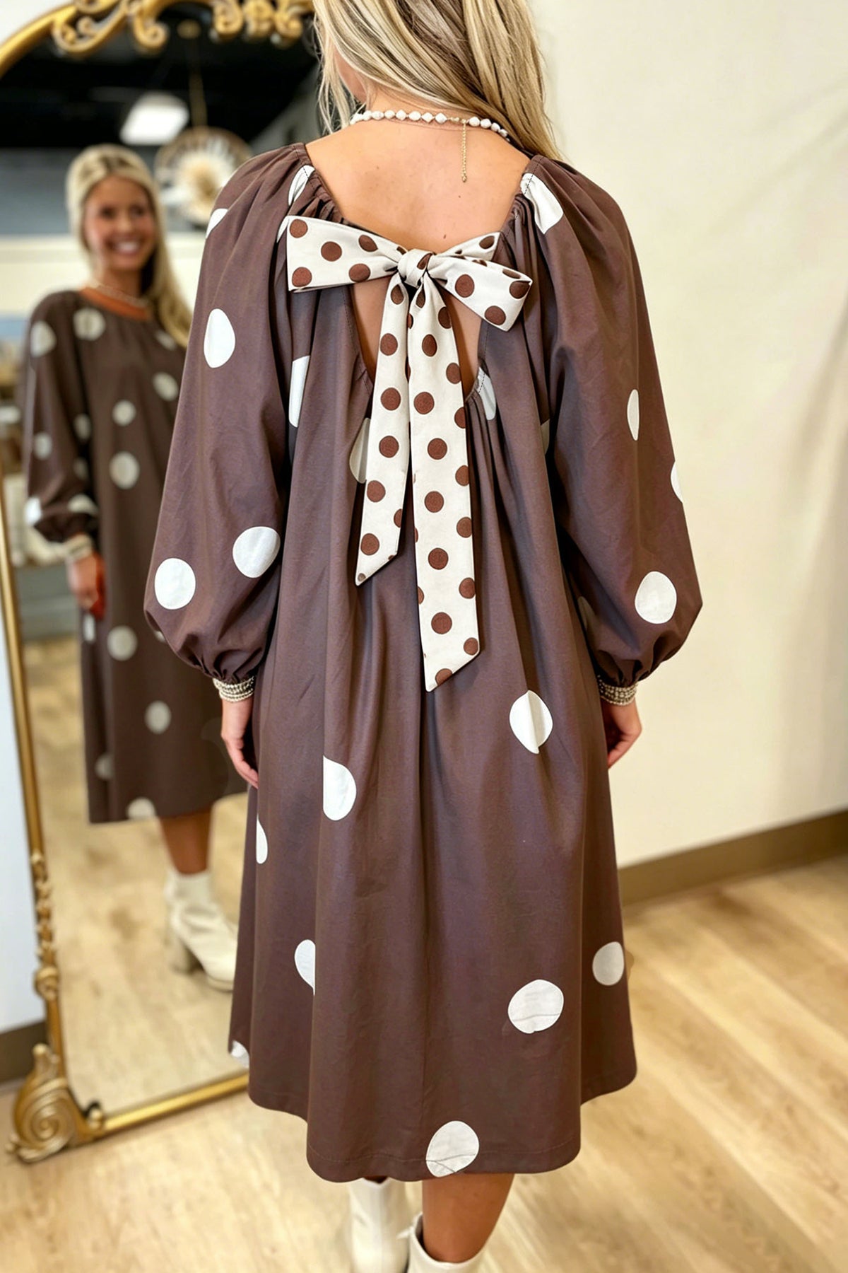 Brown Polka Dot Bow Midi Dress