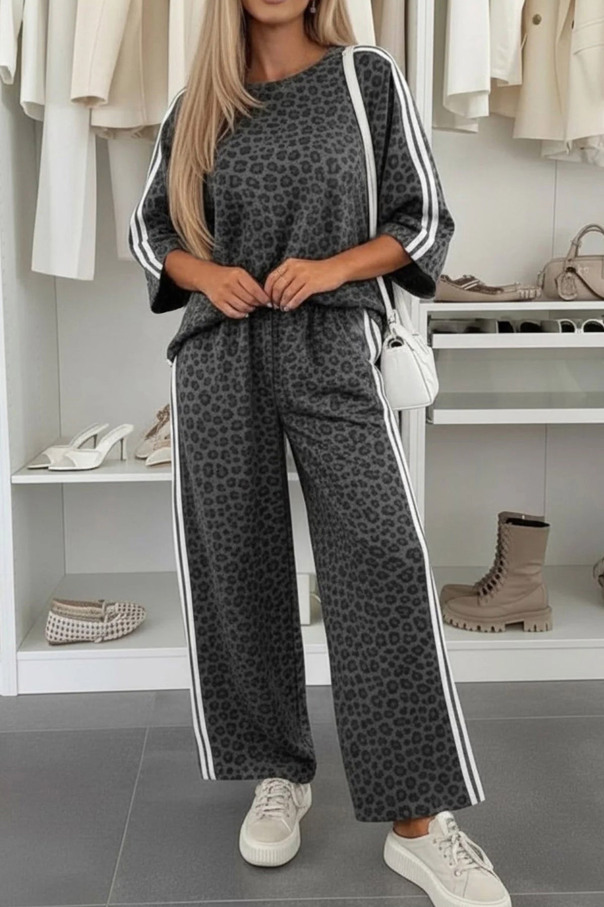 Women's Gray Leopard Print Varsity Striped Detail 3/4 Sleeve Top Shift Pants Set
