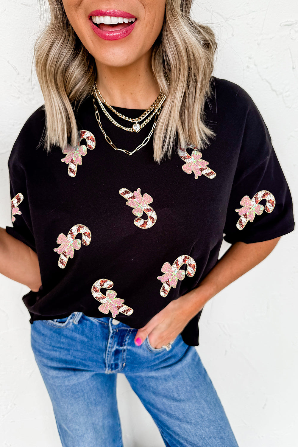 Black Sequined Candy Cane Patched Pattern Holiday T-Shirt
