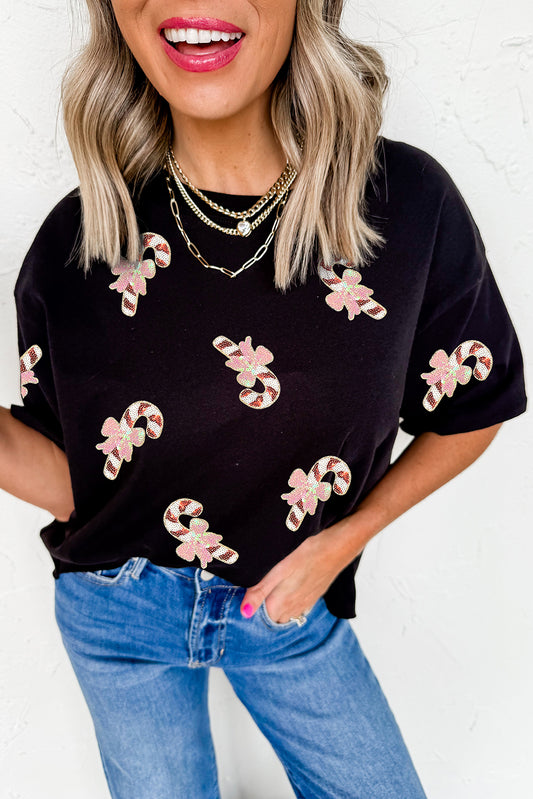 Black Sequined Candy Cane Patched Pattern Holiday T-Shirt