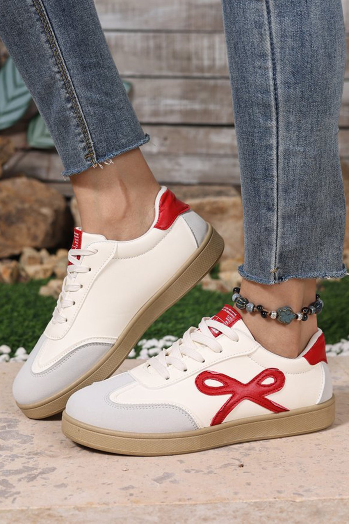 Fiery Red Bow Patch Color Block PU Leather Sneakers