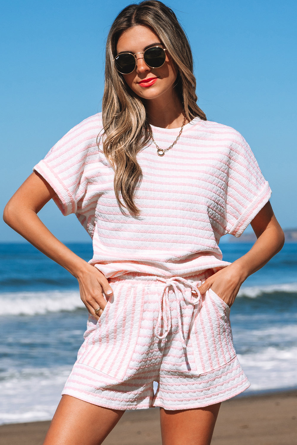 Women's Pink Stripe Knitted Short-Sleeve Top & Shorts Set
