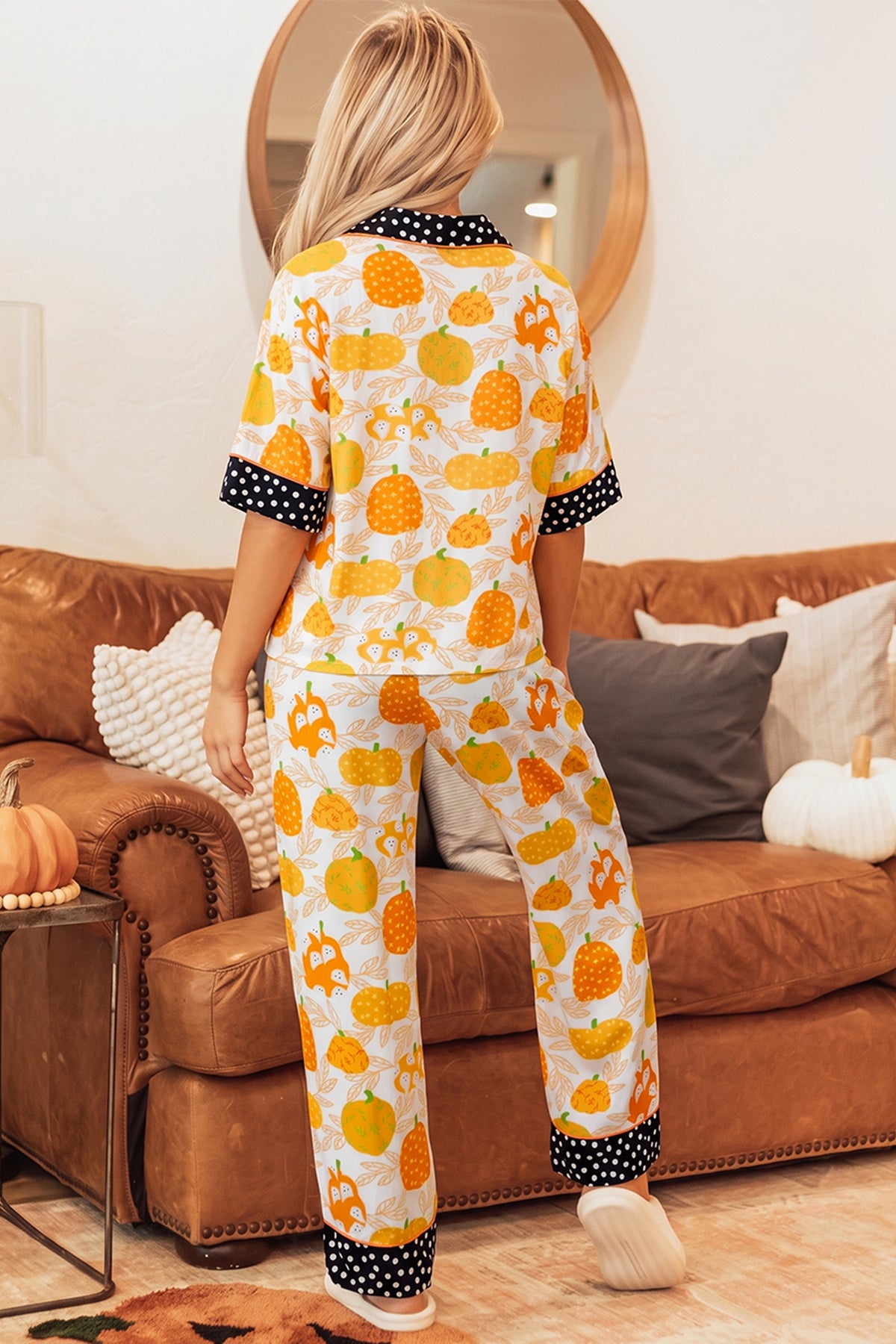 Orange Pumpkin Print Polka Dot Trim Short Sleeve Lounge Set