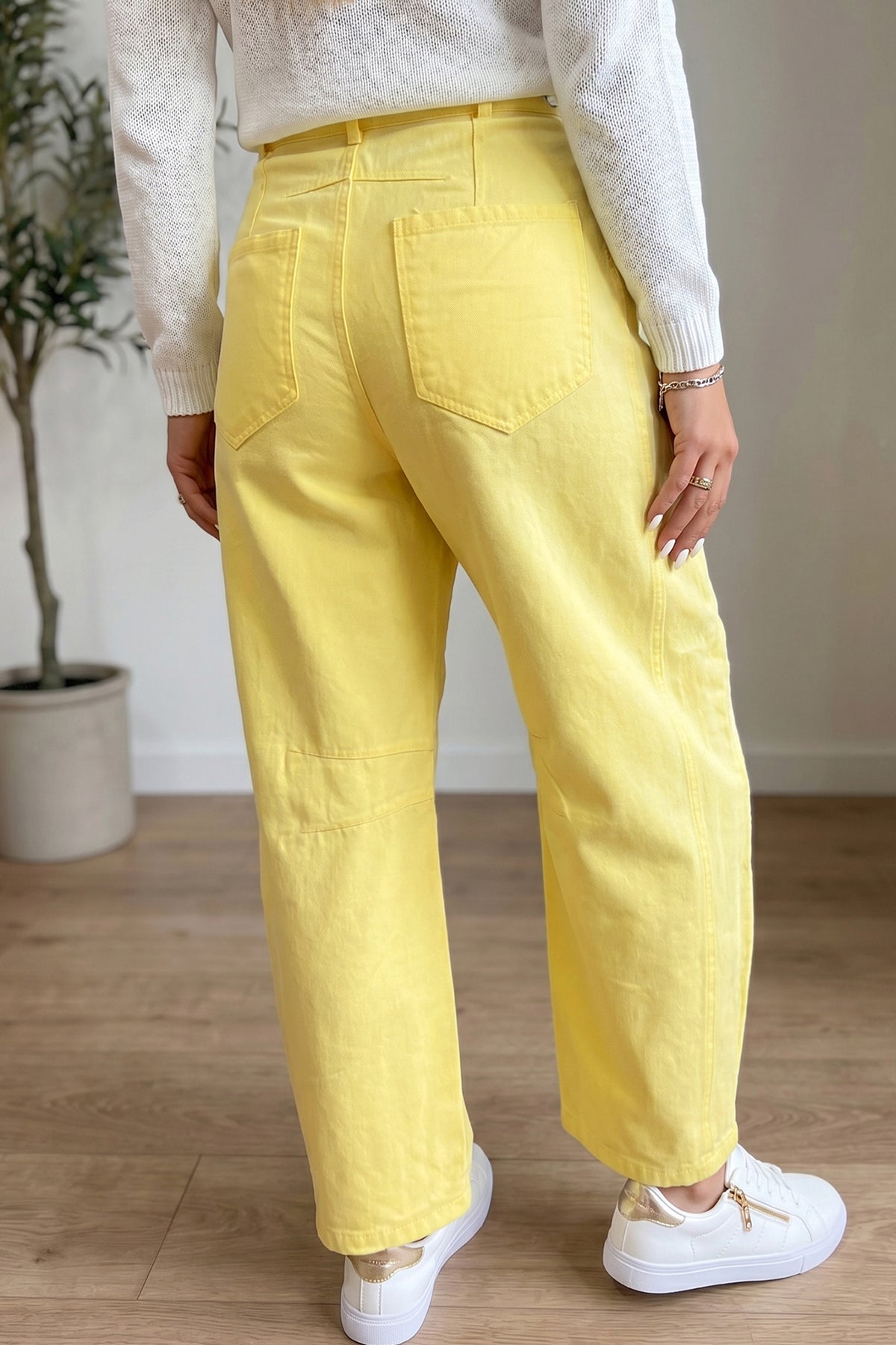Yellow Solid Grommet Knot Waist Barrel Jeans