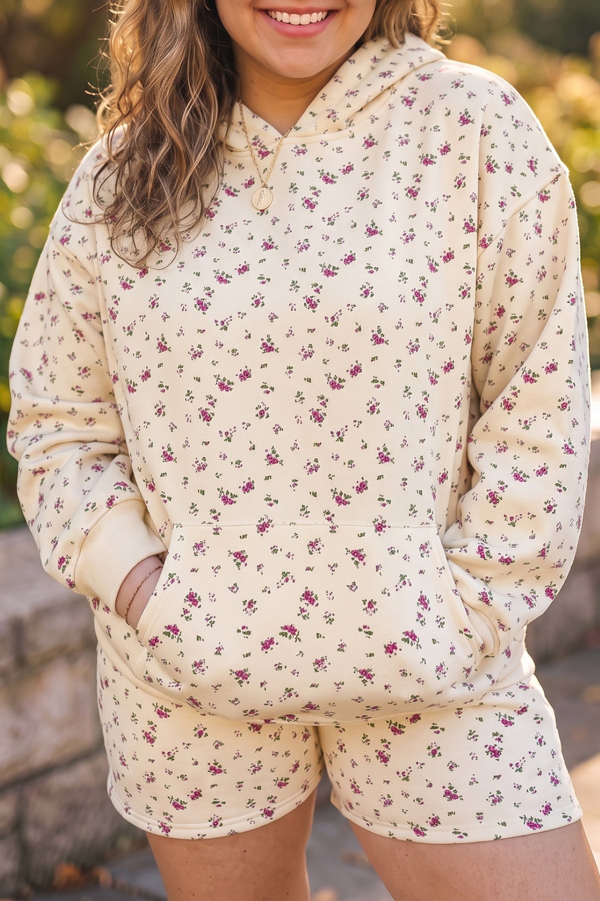 Beige Floral Print Hooded Long-Sleeve Plus Size Set