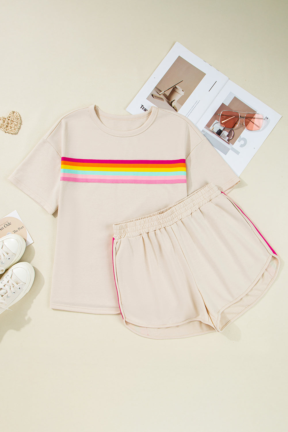 Women's Beige Vibrant Striped Detail Athleisure Two-Piece Shorts Set