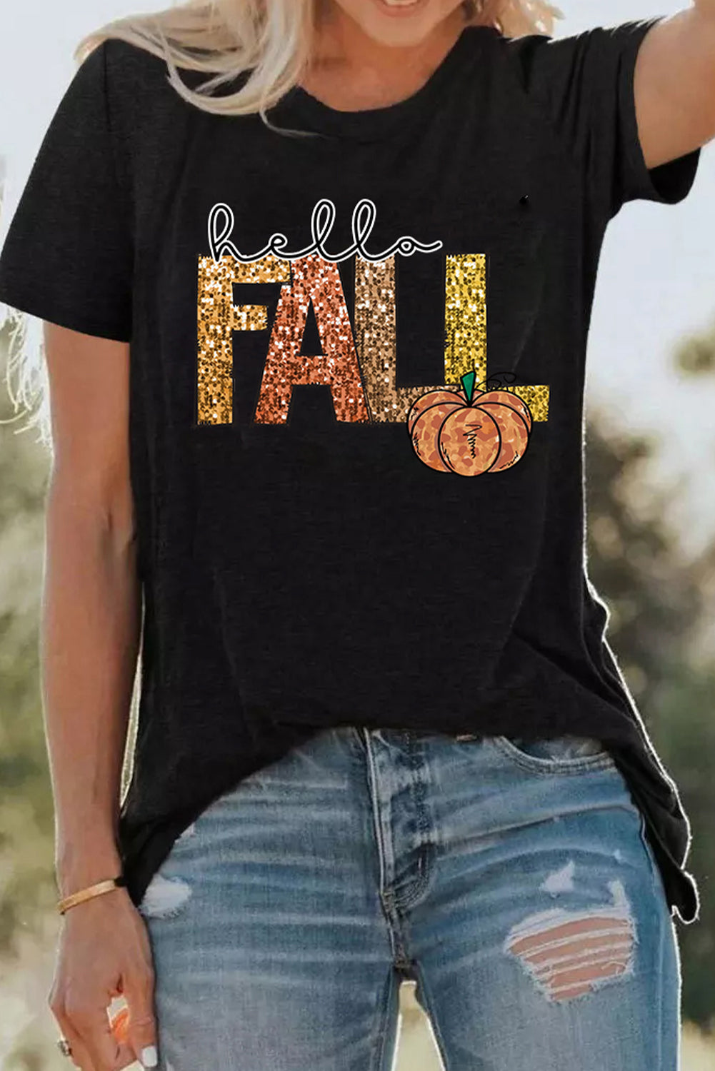 Black Hello Fall Letter Pumpkin Printed Thanksgiving T-Shirt
