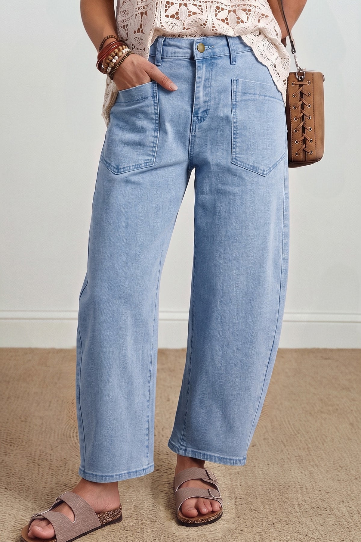 Four Leaf Clover Solid Square Patch Pocket Ankle-length Barrel Jeans