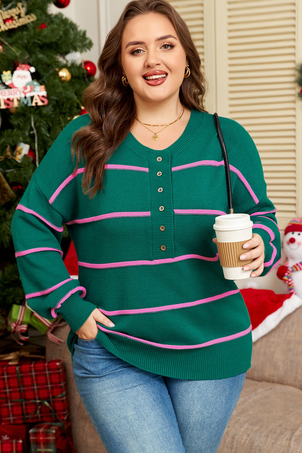 Green Stripe Half Buttons Drop-Shoulder Plus Size Sweater