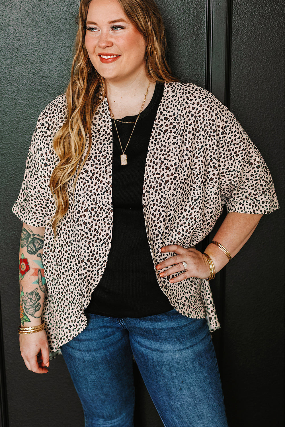 Khaki Plus Size Leopard Print Half-Sleeve Open-Front Cardigan