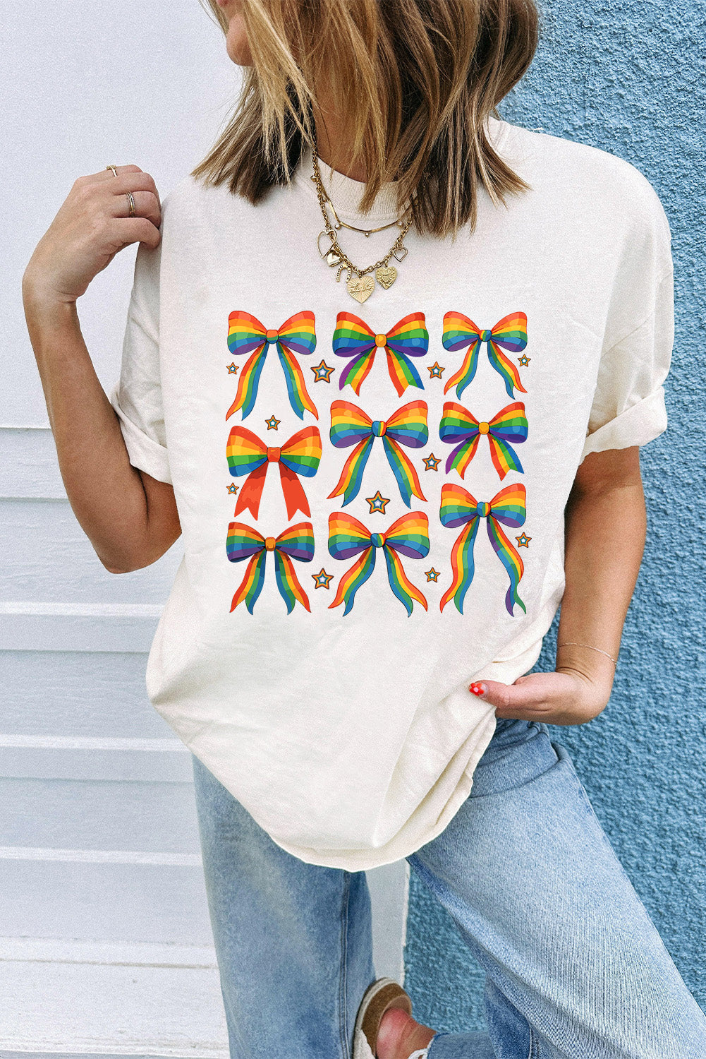 White Pride Bow Starry Print Cotton Blend T-Shirt