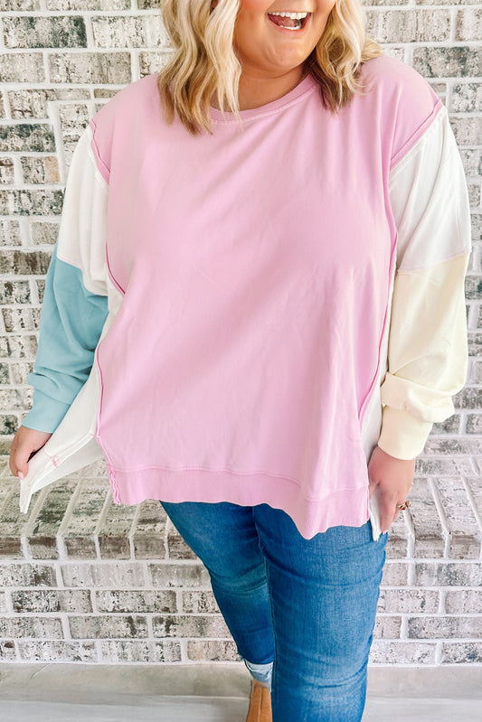 Pink Colorblock Patchwork Plus Size Sweatshirt