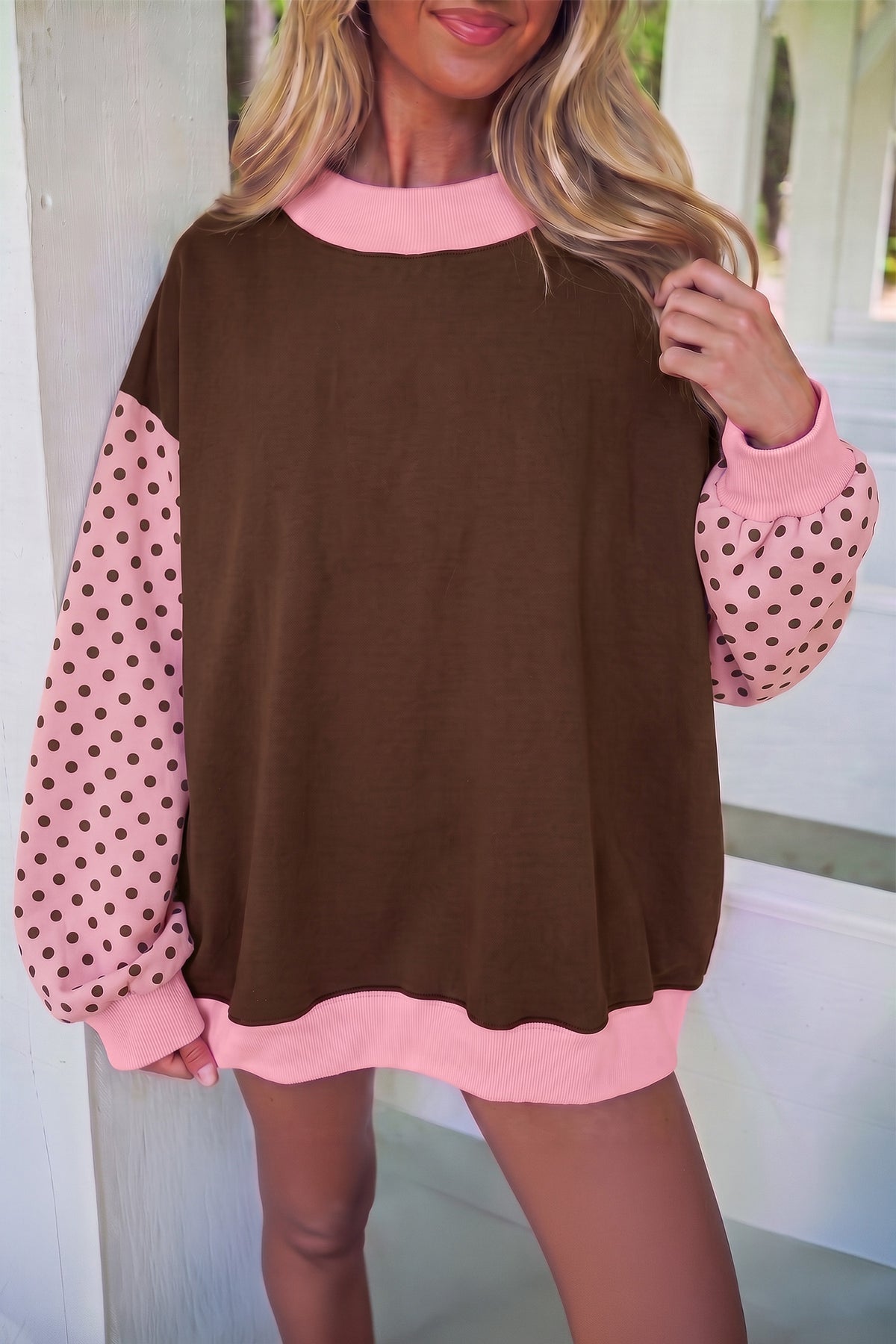 Coffee Polka Dot Puff Sleeve Tunic Sweatshirt