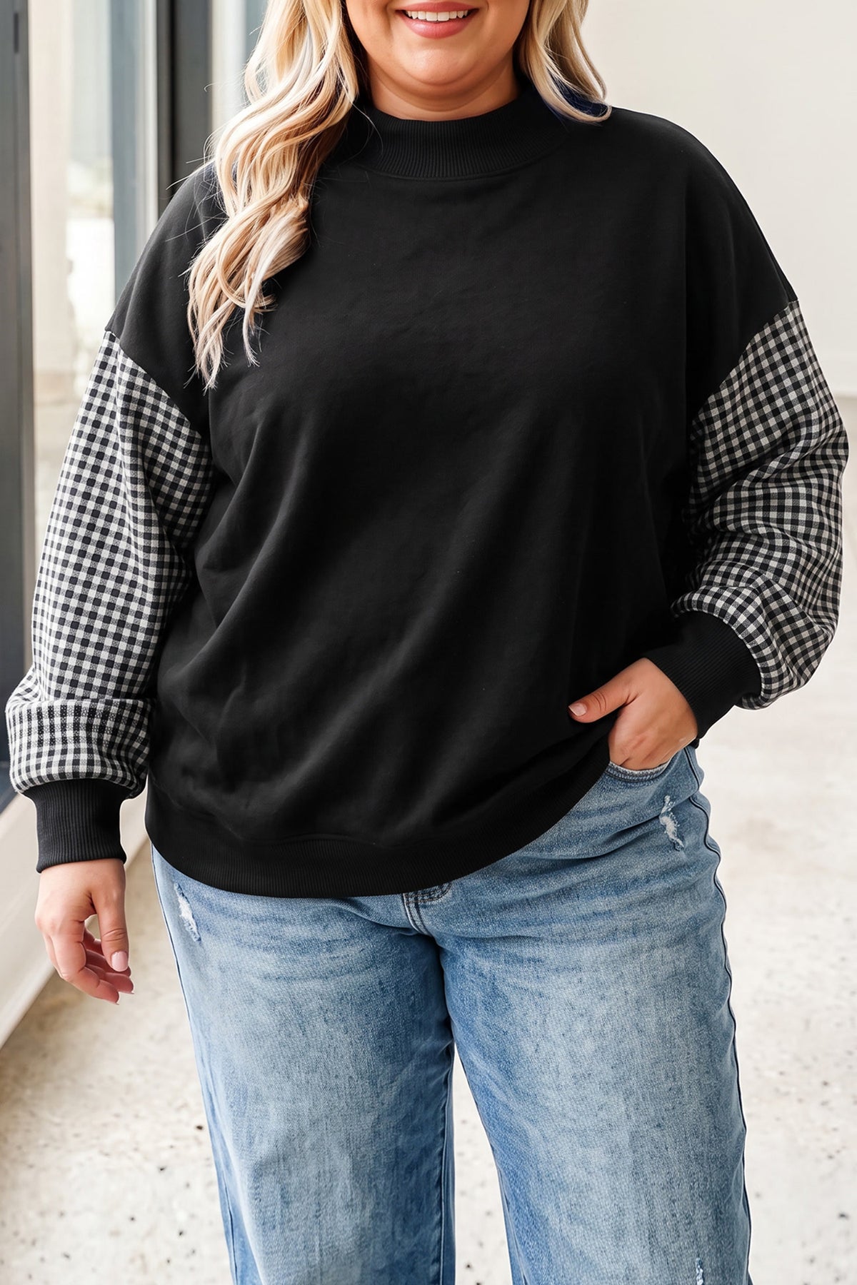 Black Plaid Patchwork Sleeve Plus Size Sweatshirt