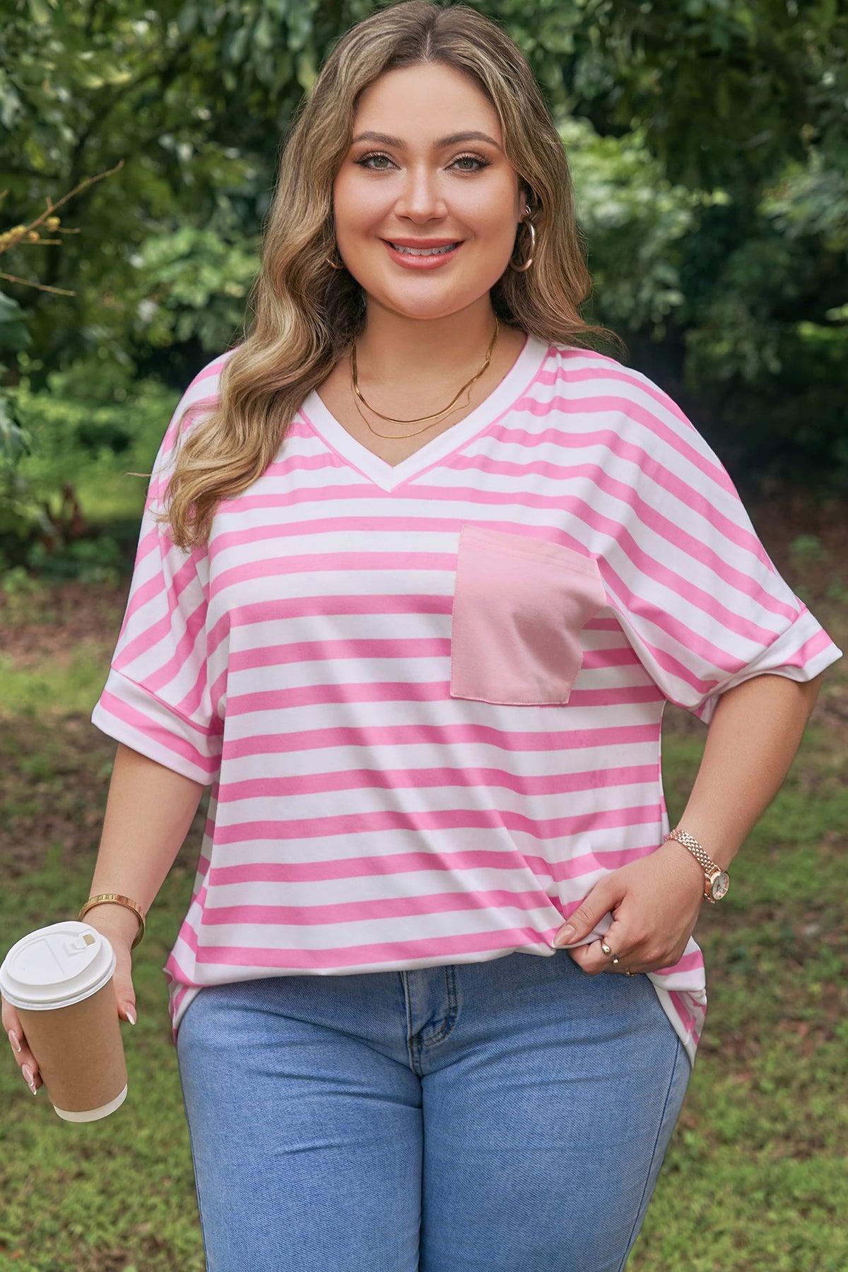Pink Stripe Color-Block Patched Pocket V-Neck Plus Size Tee