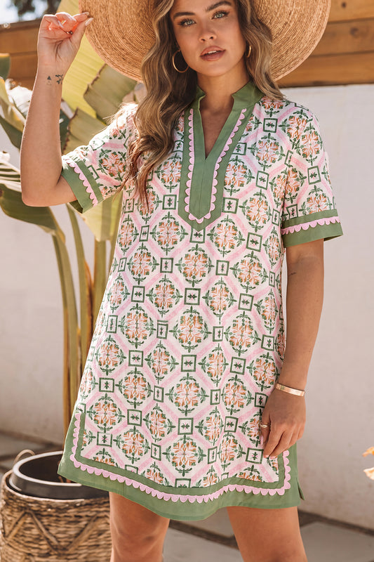 Multicolour Boho Geometric Flower Print Short Sleeve Mini Dress