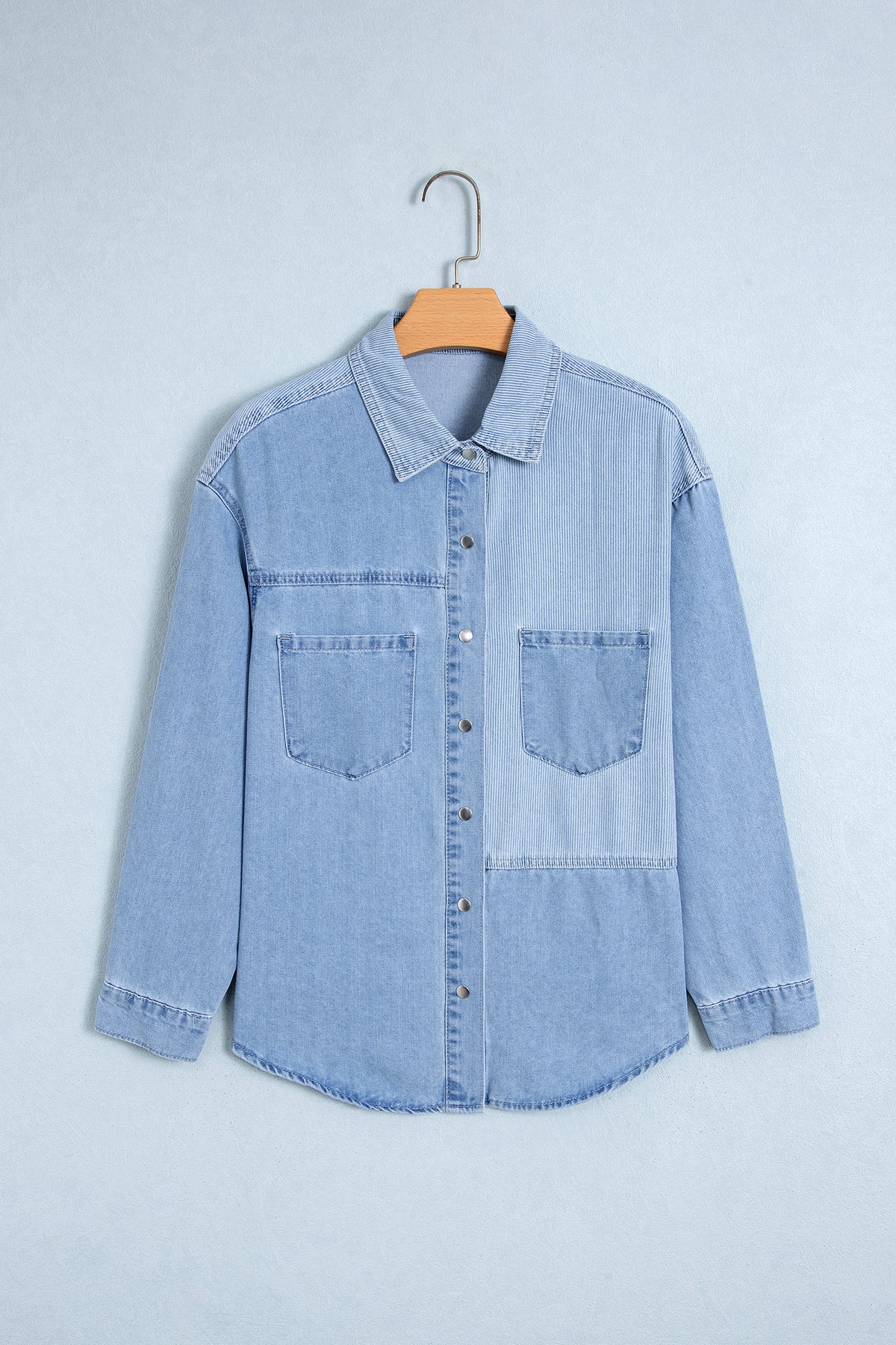 Beau Blue Lightweight Denim Striped Button Down Shacket