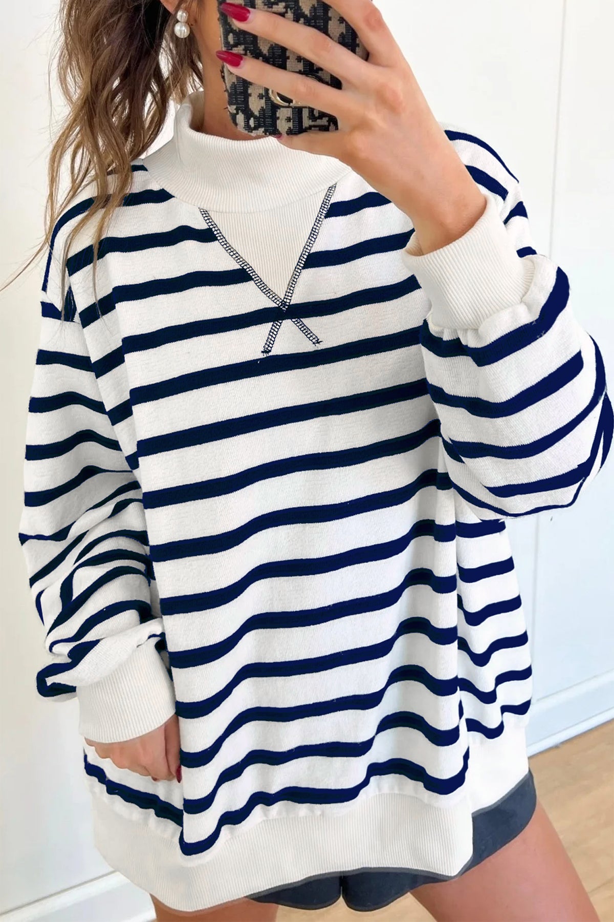 Blue Stripe Striped Stand Neck Ribbed Cuff Hem Sweatshirt