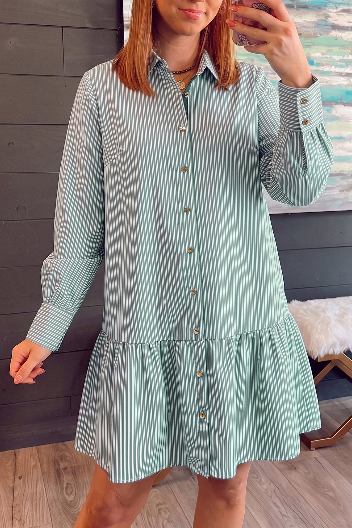 Green Stripe Shift Long Sleeve Dress