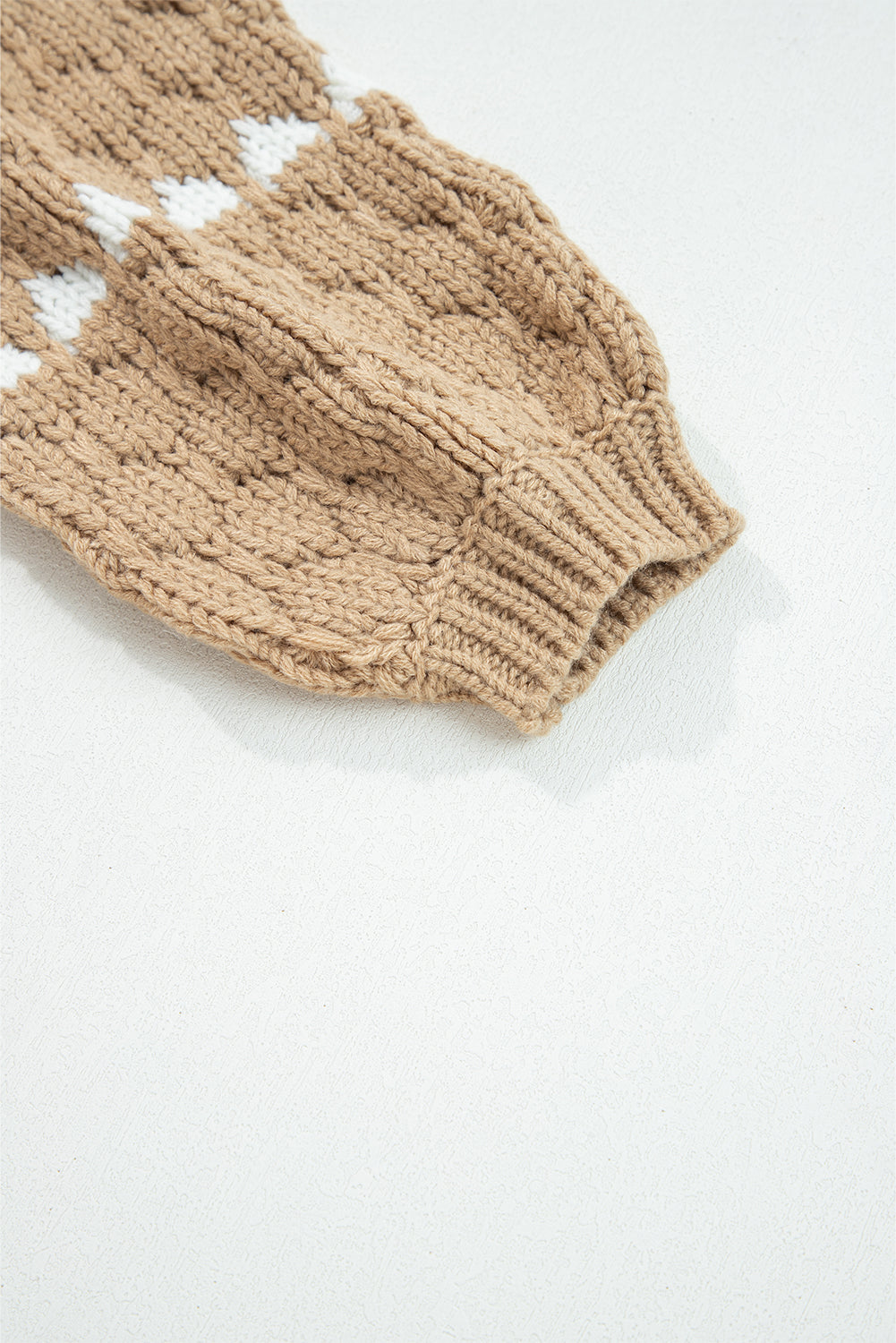 Pale Khaki Contrast Detail Textured Knit Puff Sleeve Baggy Sweater
