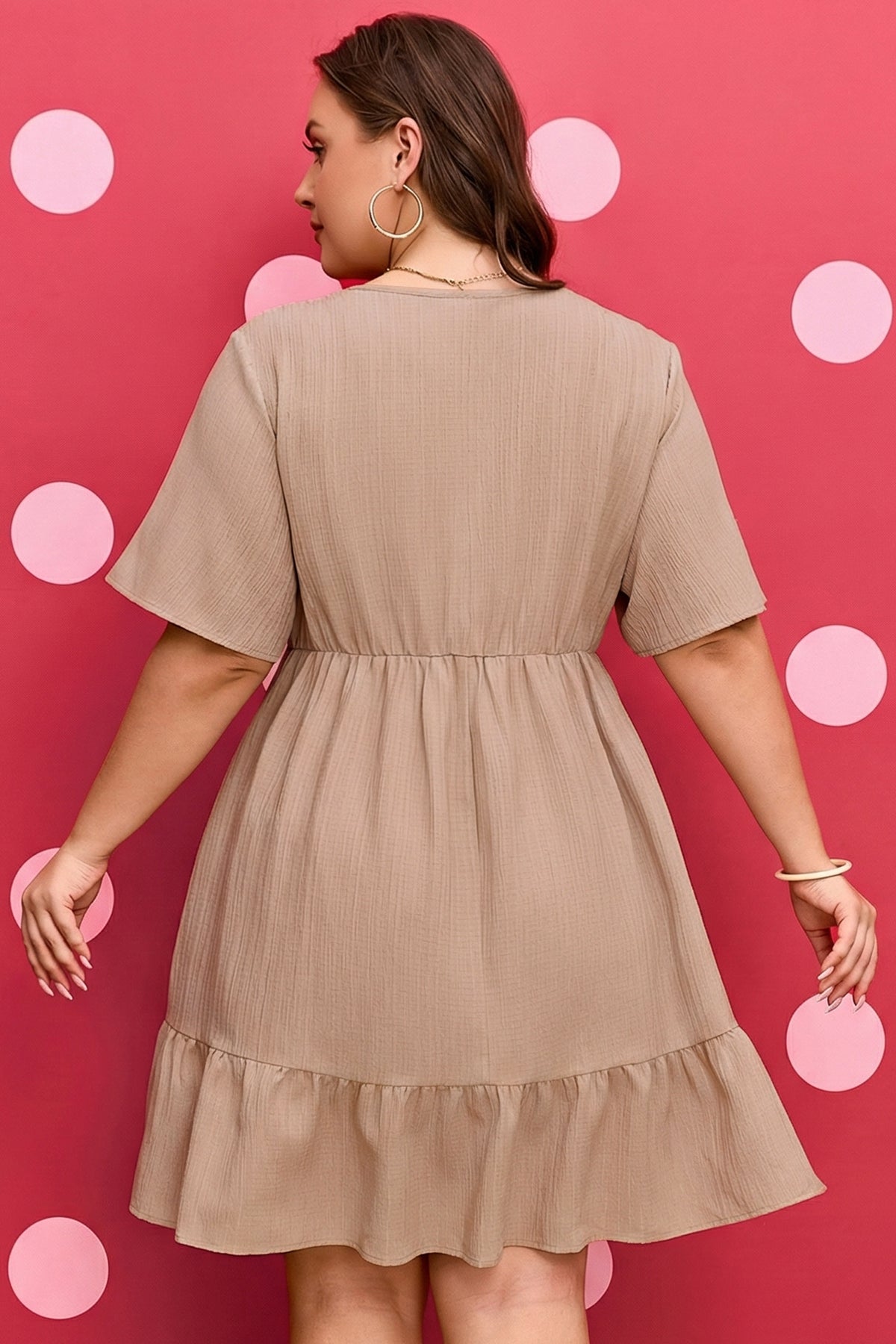 Dark Khaki Plus Size Textured Ruffled Short-Sleeve Dress