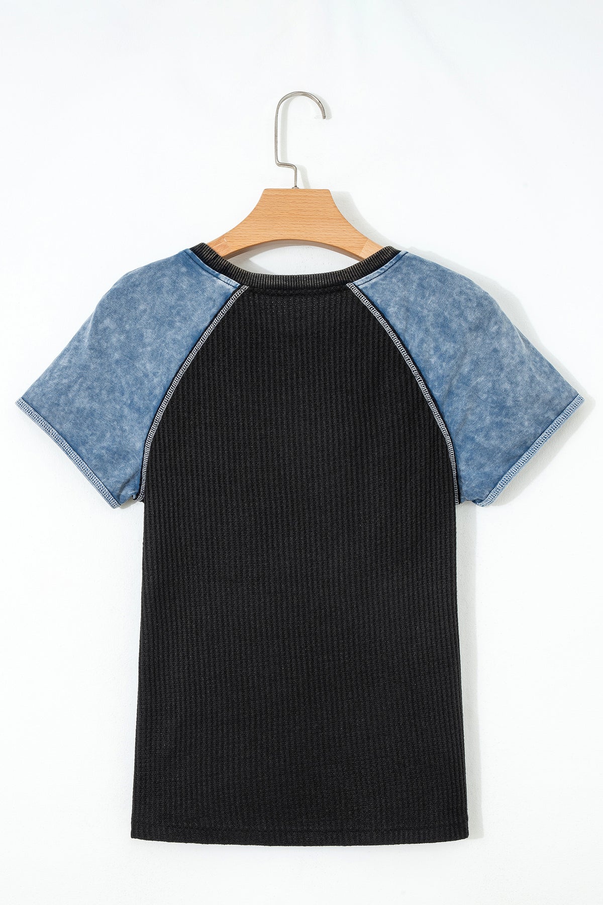 Carbon Grey Waffle Knit Seam Color Block Patchwork Short Sleeve Top