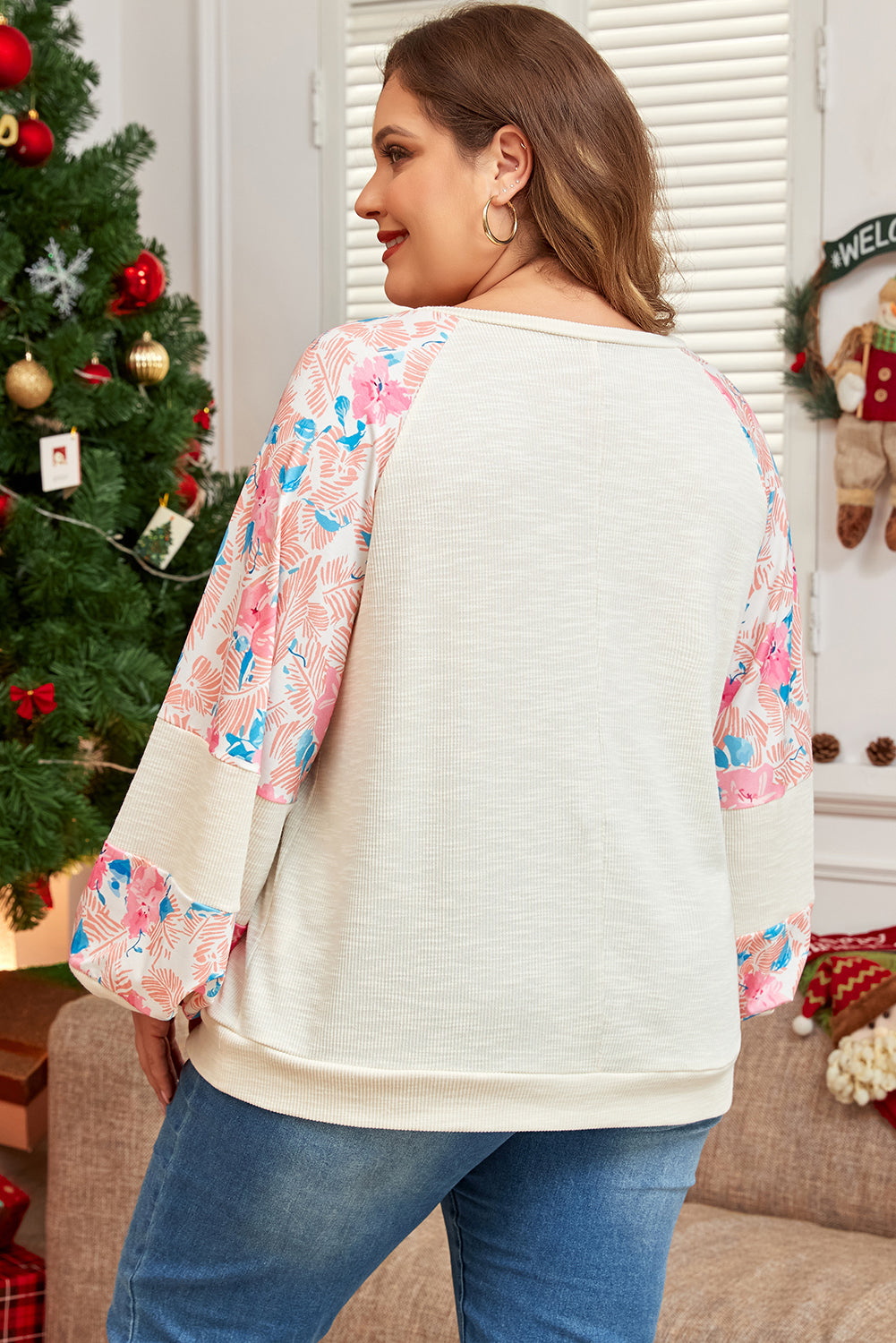 Apricot Plus Size Floral Patchwork Ribbed Puff-Sleeve Top
