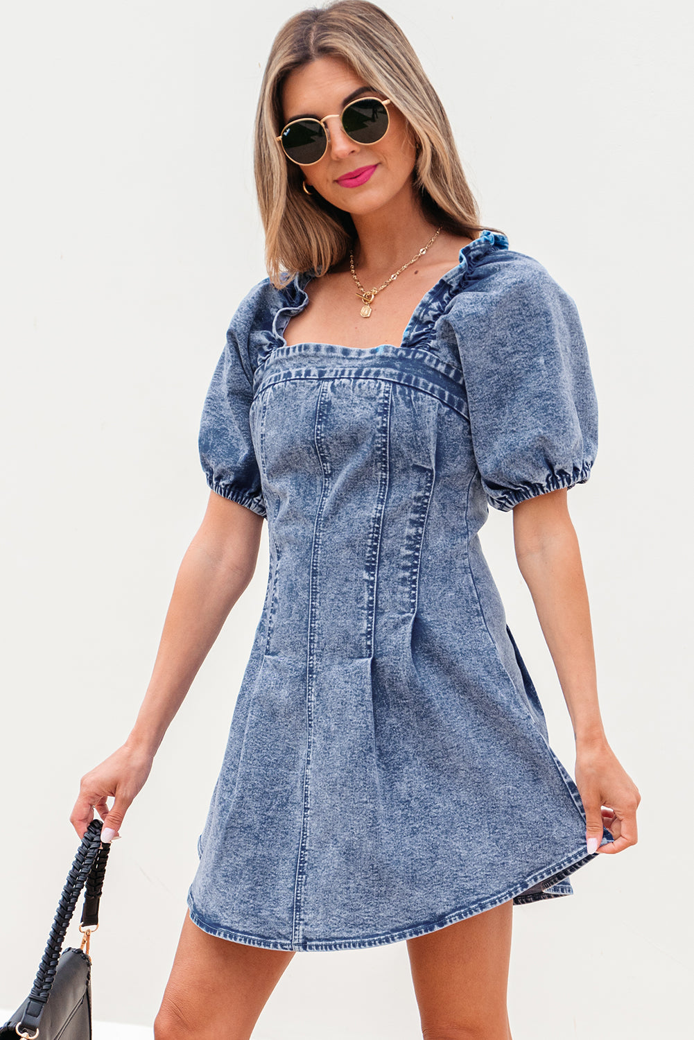 Blue Frilly Square Neck Bustier Puff Sleeve Short Denim Dress