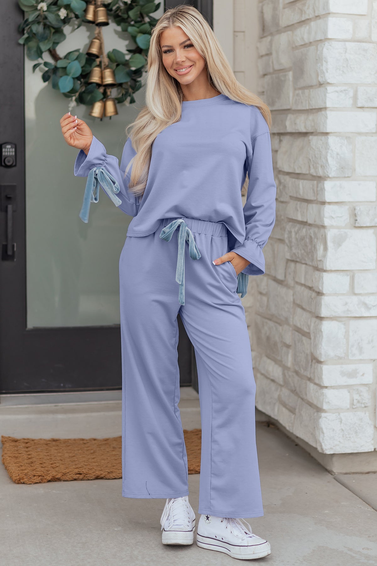 Beau Blue Flounce Long Sleeve Top Drawstring Pants Contrast Velvet Bow Lounge Set