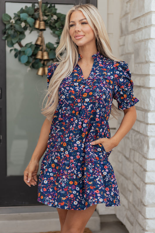 Blue Wild Daisy Floral Split Neck Short Puff Sleeve Mini Dress