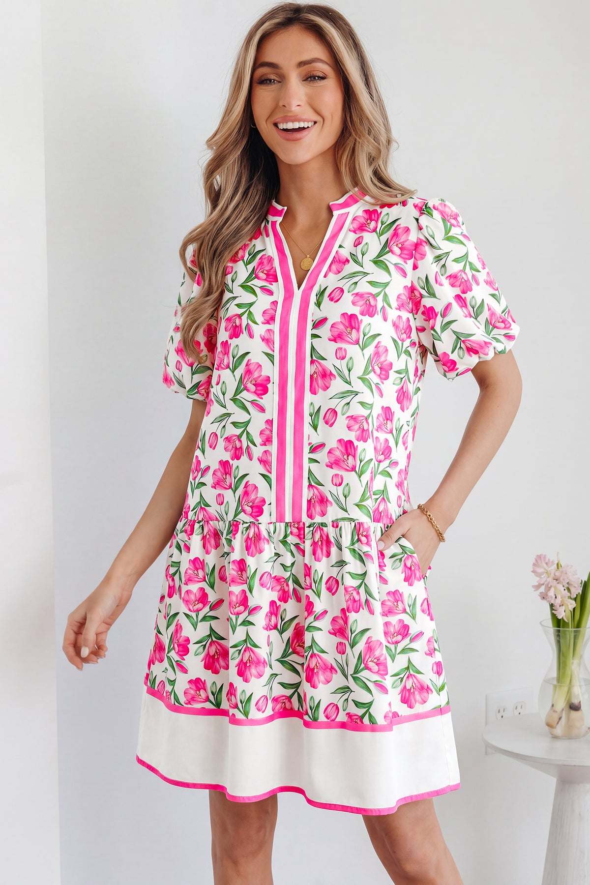 Multicolour Floral Print Striped Color Block Trim Short Dress