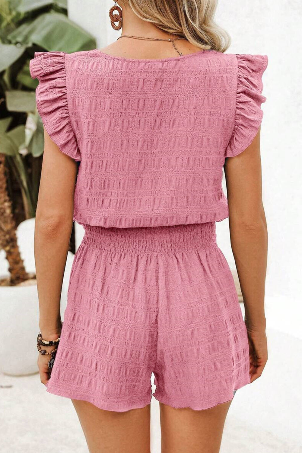 Women's Dark Green Textured Square Neck Top and Shirred High-Waist Shorts Set