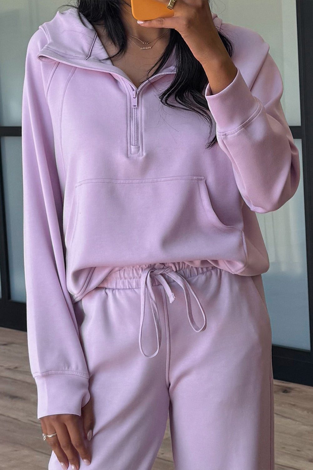 Women's Jet Stream Half Zip Thumbhole Sleeve Hoodie Active Pants Two-Piece Outfit Set