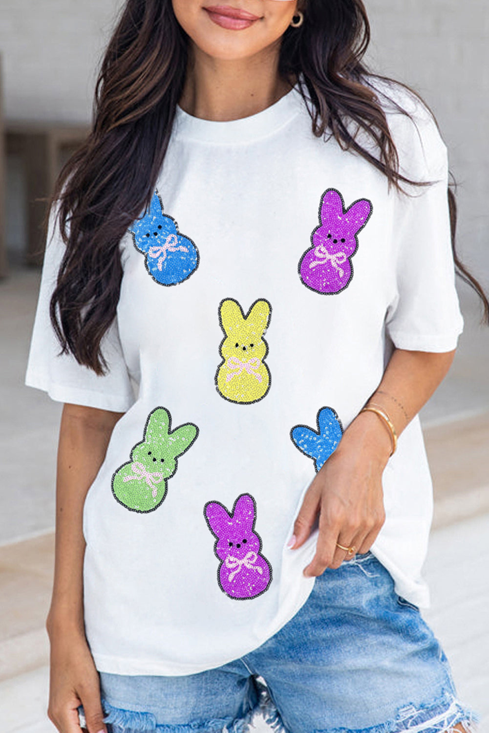 White Sequin Bow Bunny Doll Patched Easter Graphic Tee