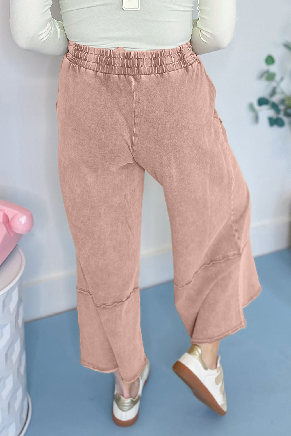 Buckskin Flower Patch Mineral Washed Terry Knit Cropped Wide Leg Pants