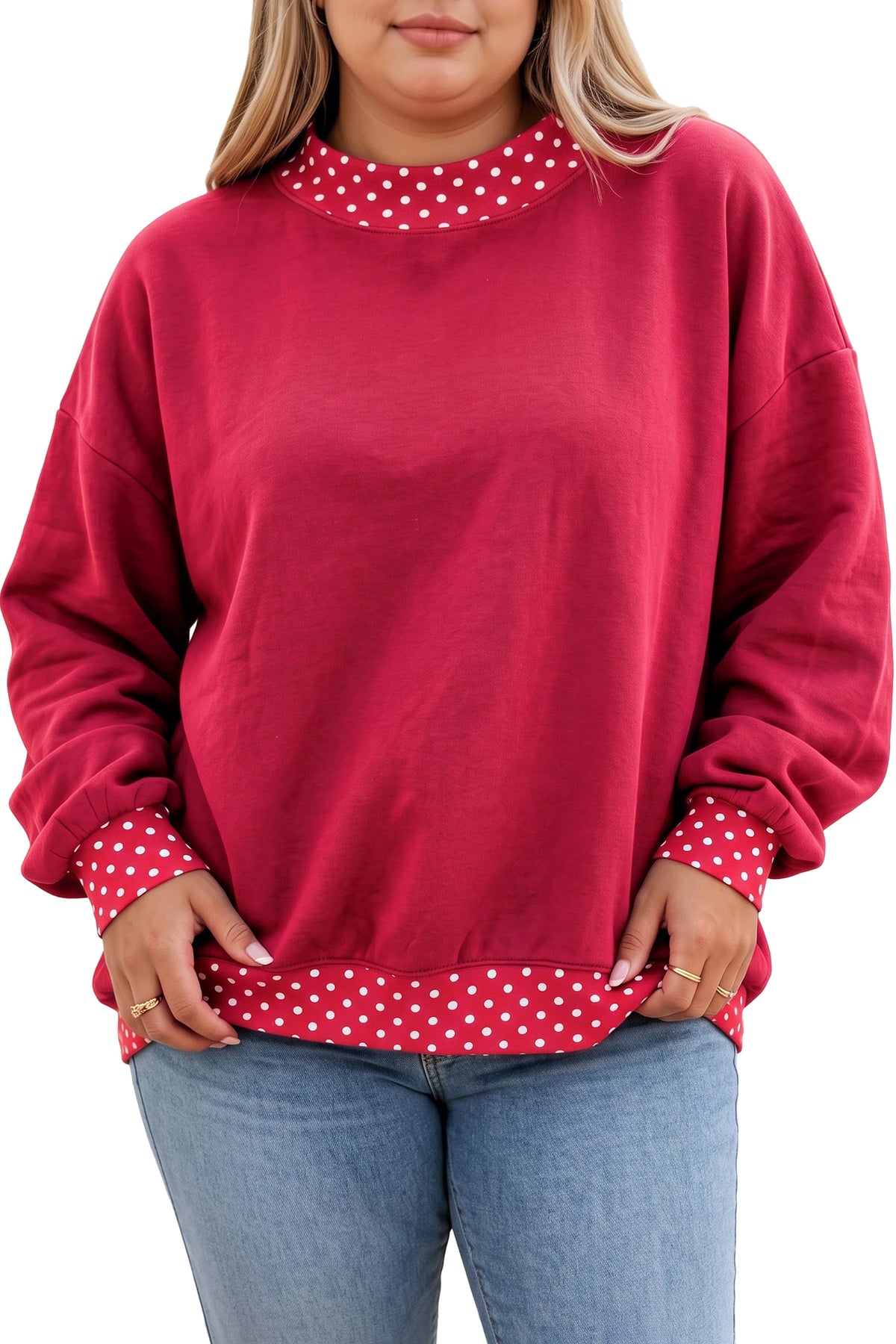 Red Dahlia Polka Dot Trim Plus Size Sweatshirt