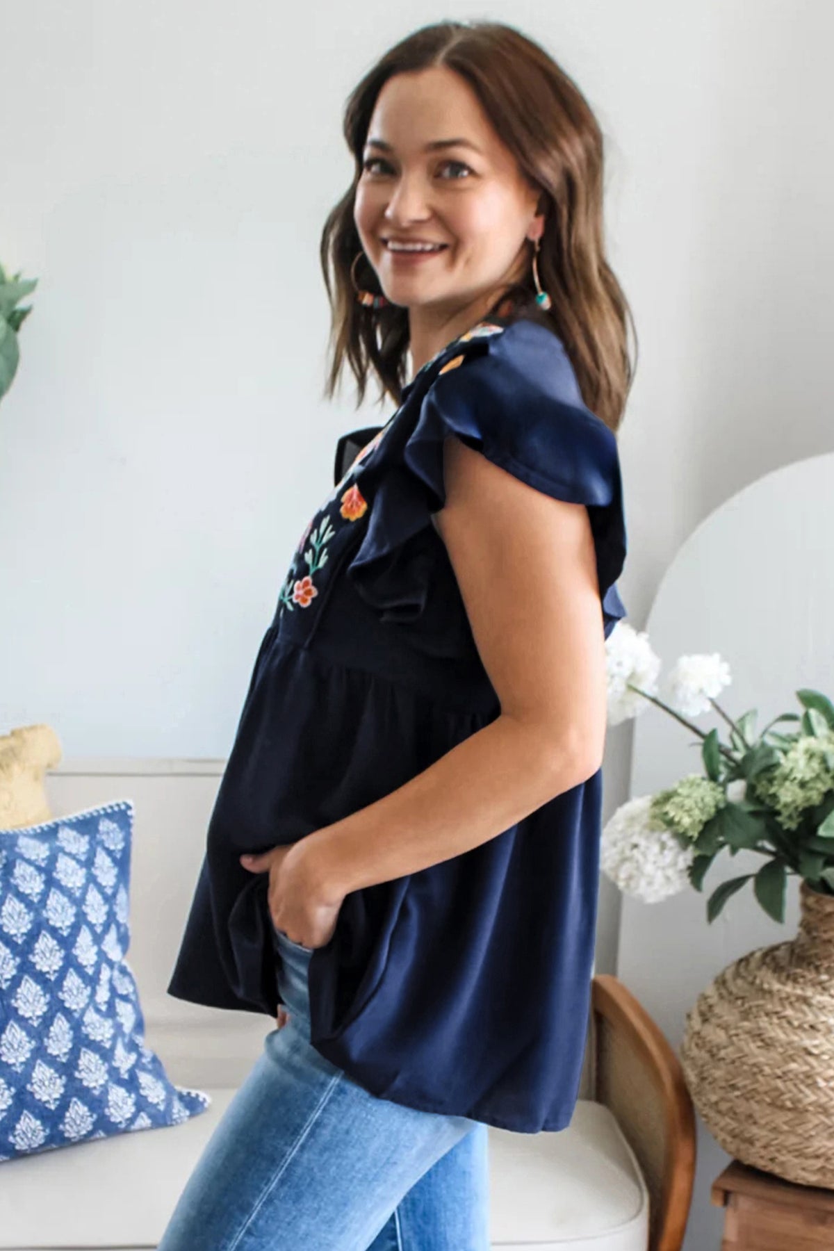 Dirty Blue V Neck Ruffled Sleeve Floral Embroidered Babydoll Blouse