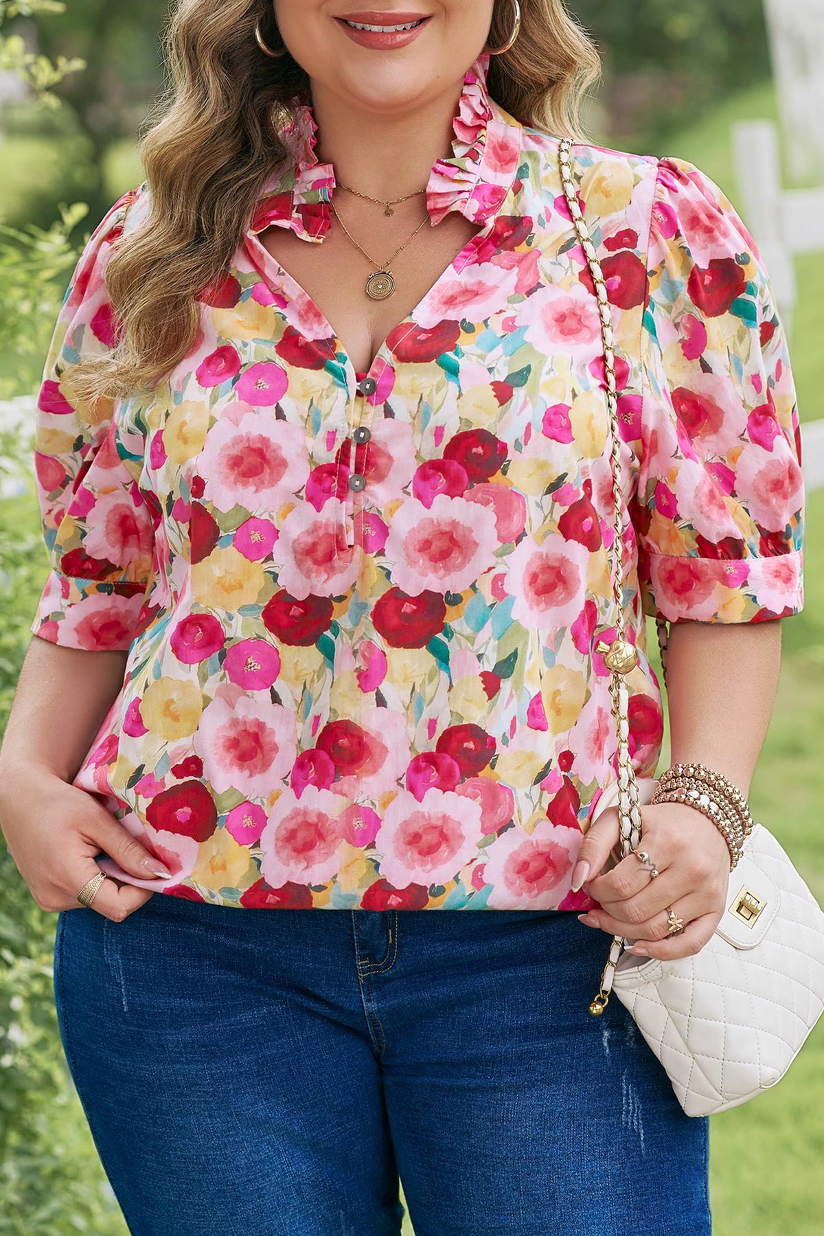 Pink Plus Size Flower Print Split V-Neck Puff Short-Sleeve Top