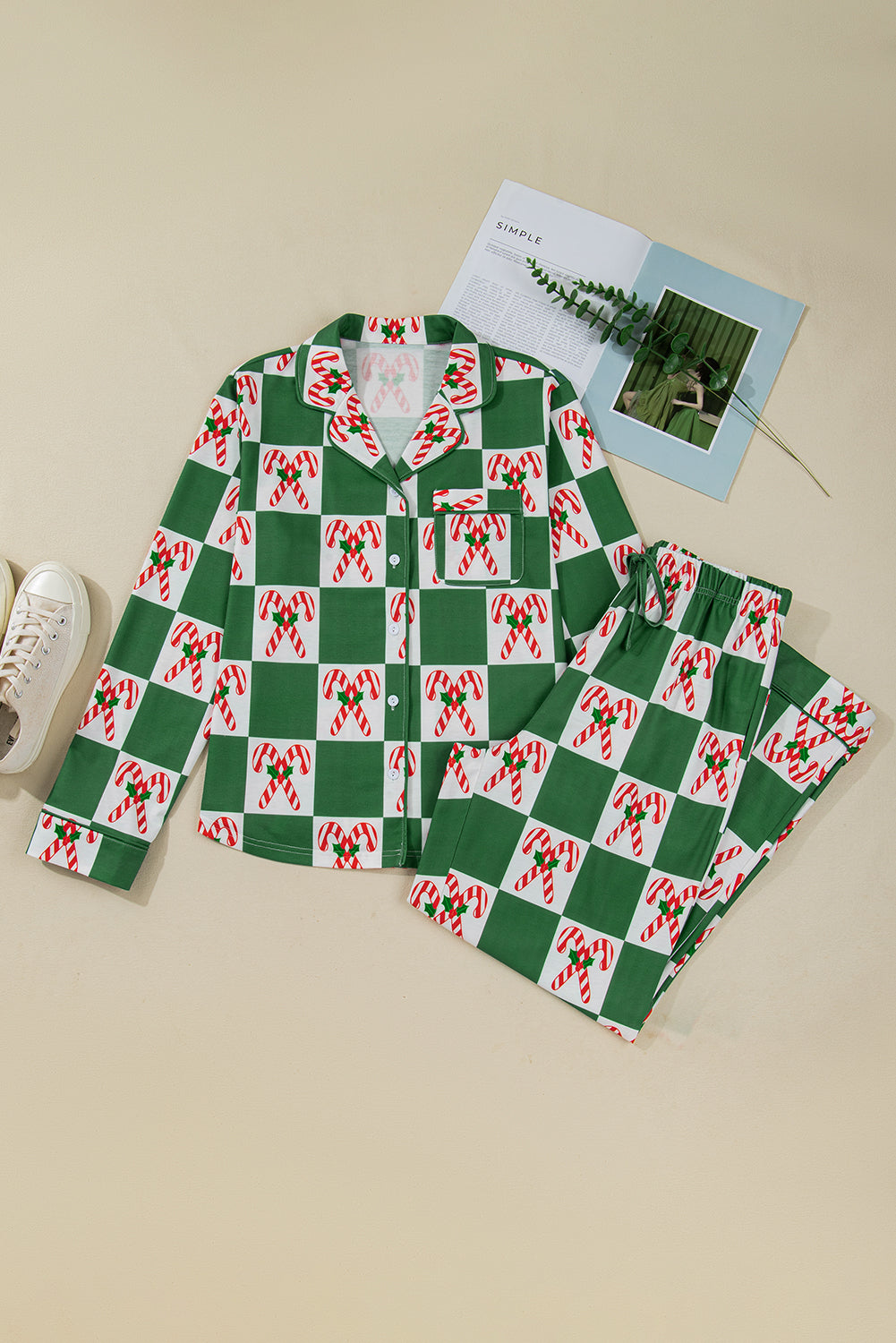 Green Holly Jolly Checkered Pattern Long Pajama Set